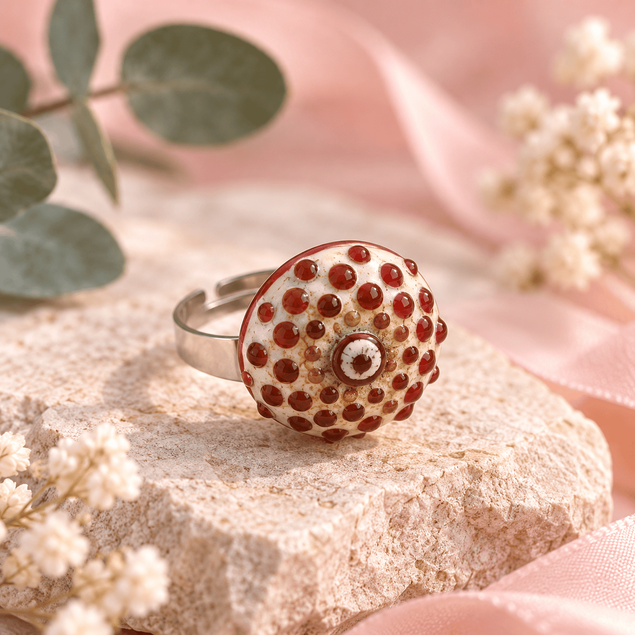Bague Constellation d’Ambre en verre artisanal sur support acier inoxydable