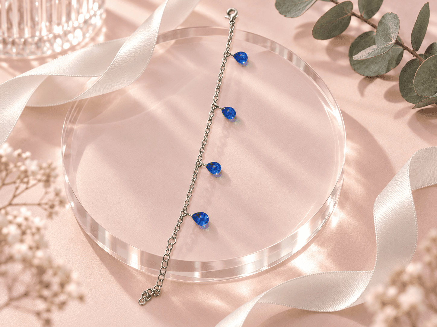 Bracelet Lueurs de Verre avec quatre gouttes en verre recyclé bleu