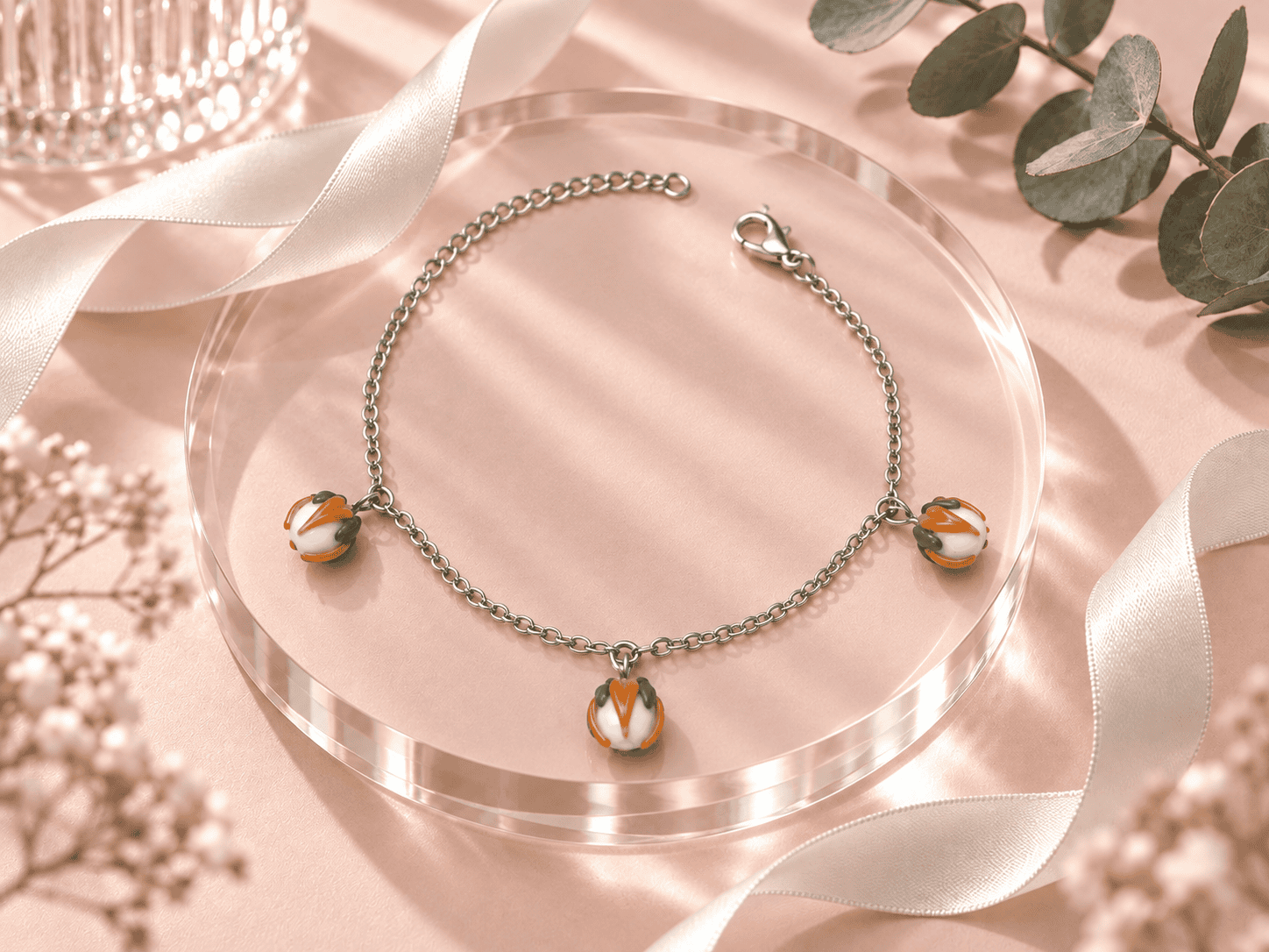 Bracelet Fleurs d’Aurore avec trois fleurs en verre recyclé et chaîne inox