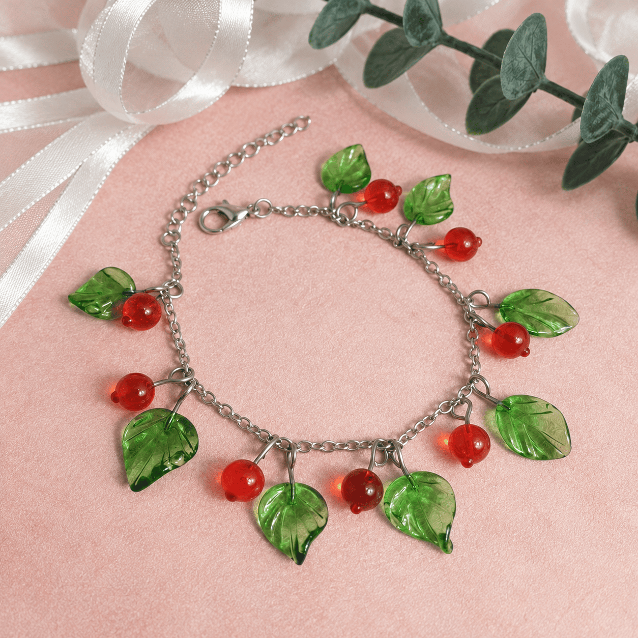 Bracelet Groseilles Enchantées en verre recyclé rouge et vert
